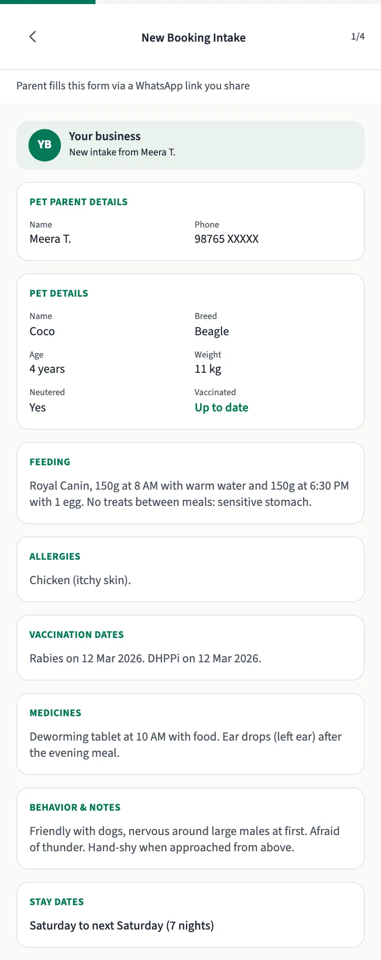 A filled boarding intake form on a phone: the parent's name and a hidden phone number, Coco the beagle's details, feeding, a chicken allergy, vaccination dates, medicines, behaviour notes and stay dates