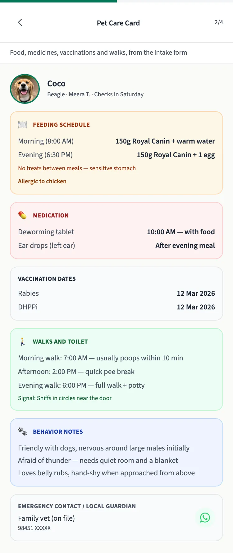 A pet care card on a phone for Coco the beagle: feeding times, a chicken allergy, two medicines, vaccination dates, walk times and behaviour notes